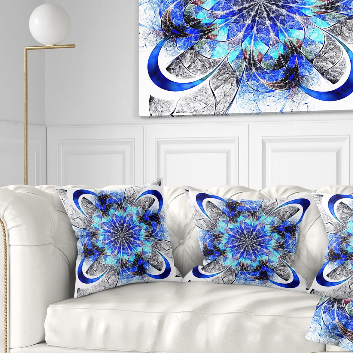 Designart Symmetrical Blue Fractal Flower - Abstract Throw Pillow - 16x16