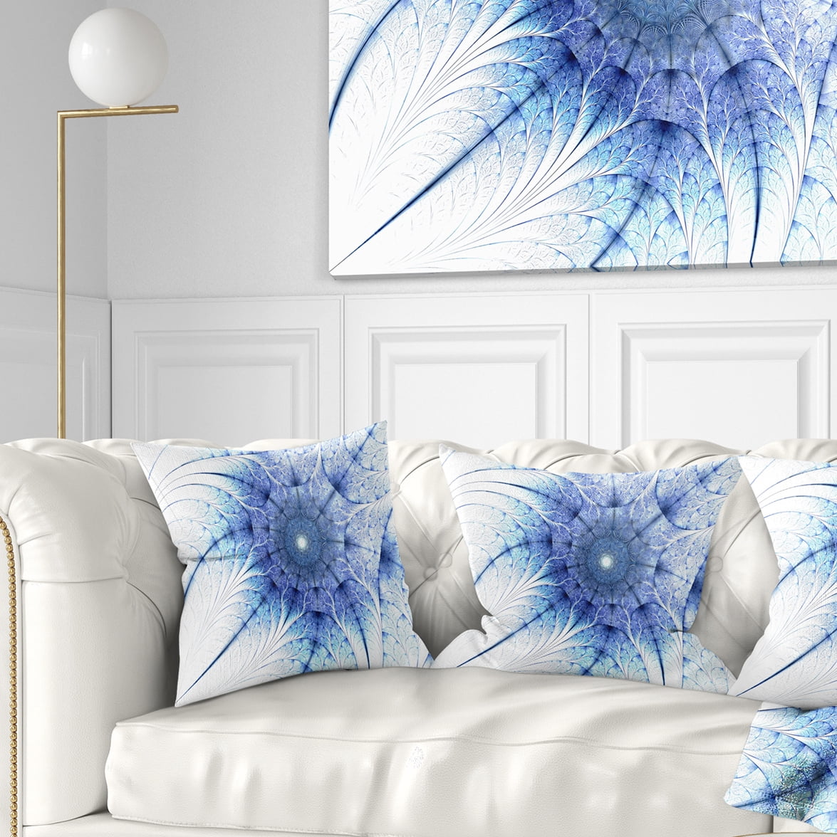 Designart Symmetrical Blue Fractal Flower on White - Abstract Throw Pillow - 16x16