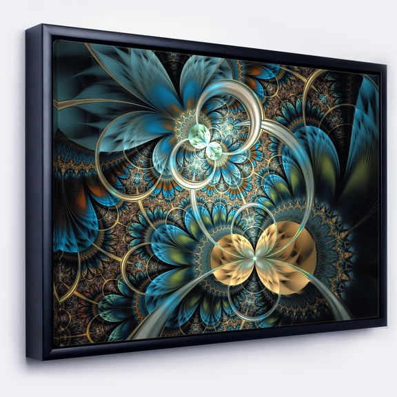 Designart ' Symmetrical Blue Gold Fractal Flower ' Abstract Print On Framed Canvas