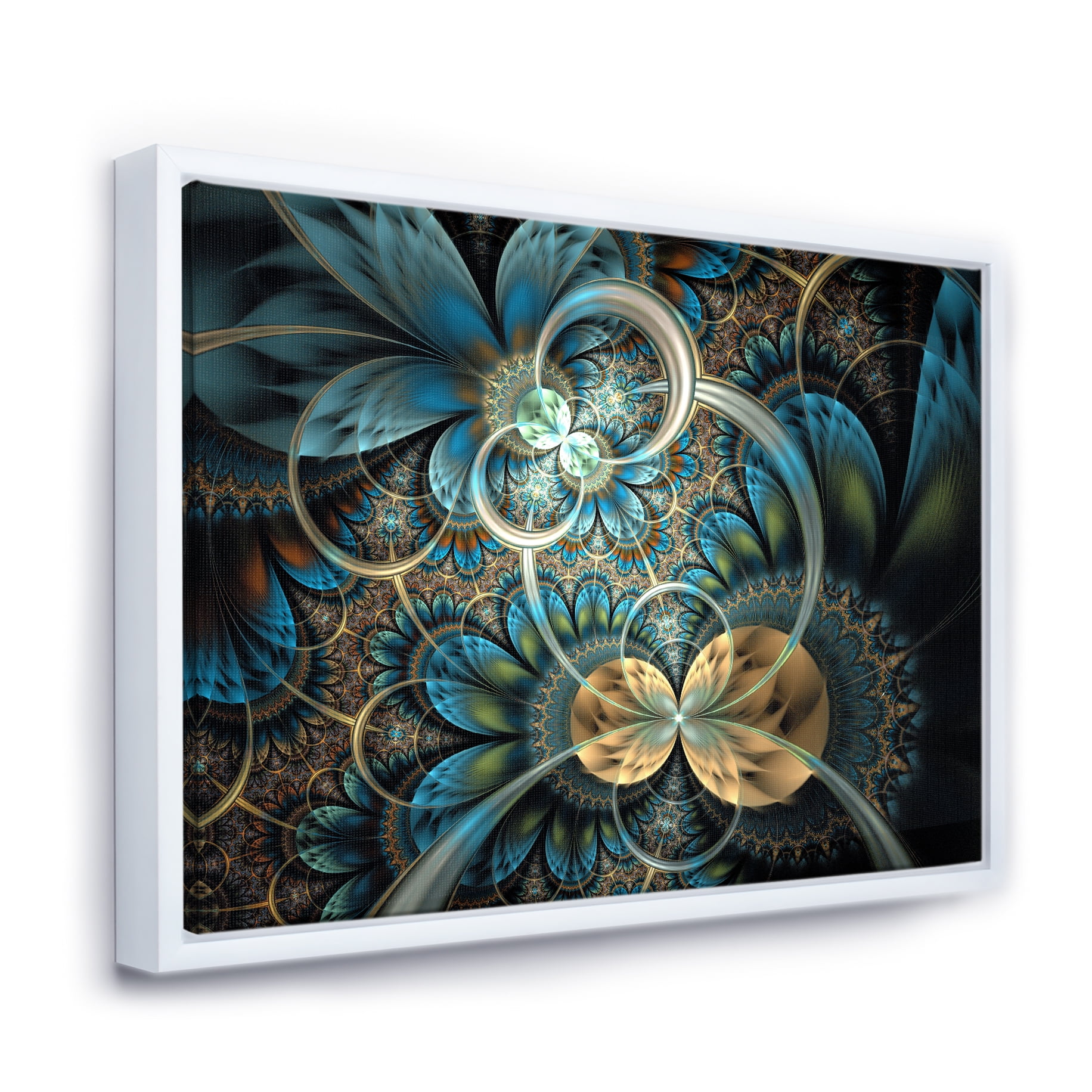 Designart ' Symmetrical Blue Gold Fractal Flower ' Abstract Print On Framed Canvas