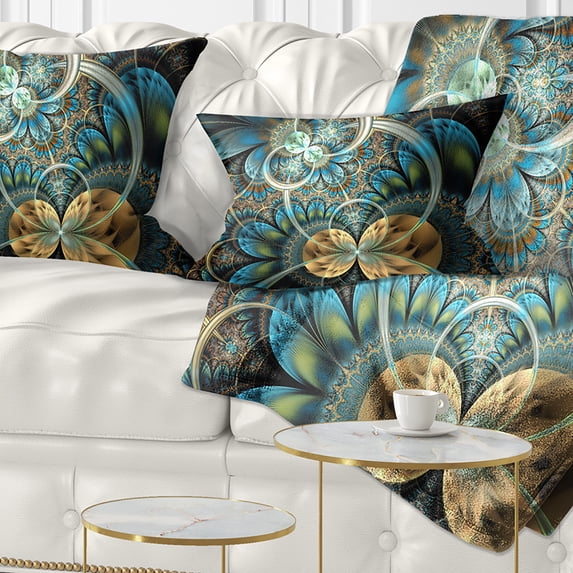 Designart Symmetrical Blue Gold Fractal Flower - Abstract Throw Pillow - 12x20