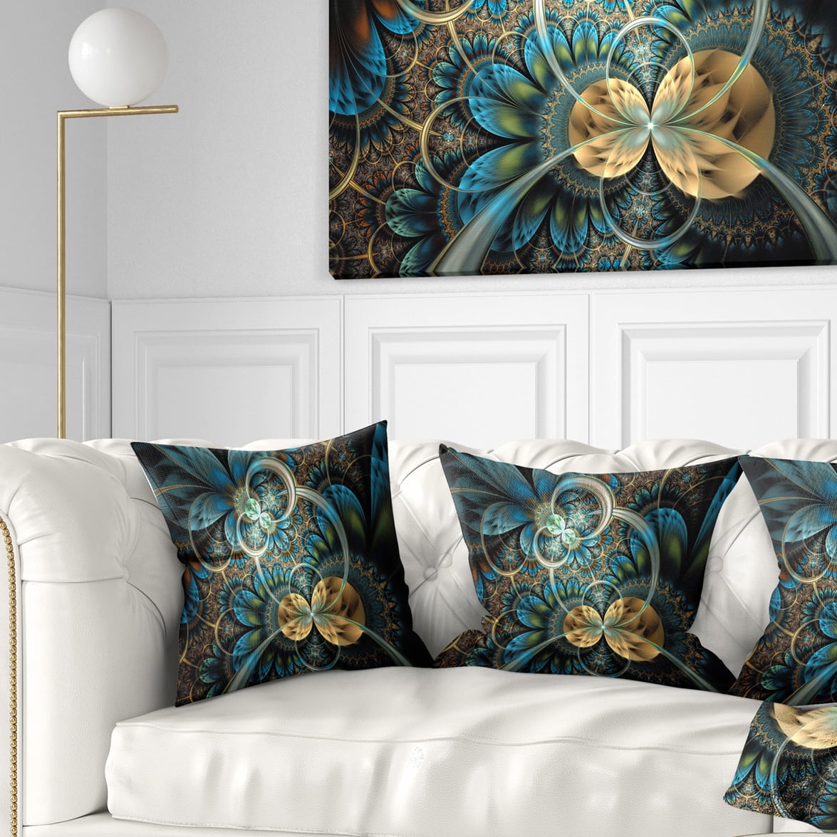 Designart Symmetrical Blue Gold Fractal Flower - Abstract Throw Pillow - 18x18