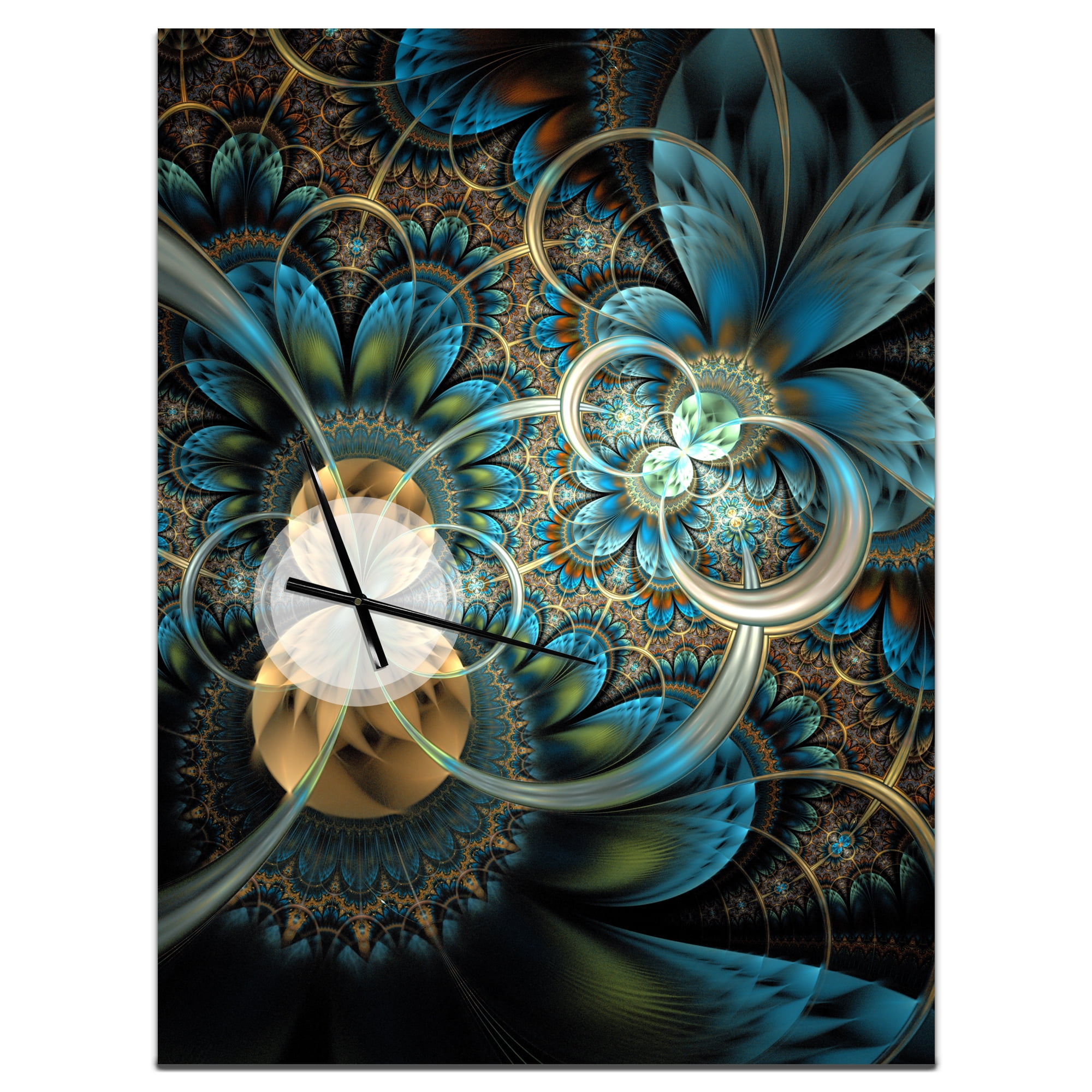 Designart 'Symmetrical Blue Gold Fractal Flower' Modern Wall Clock