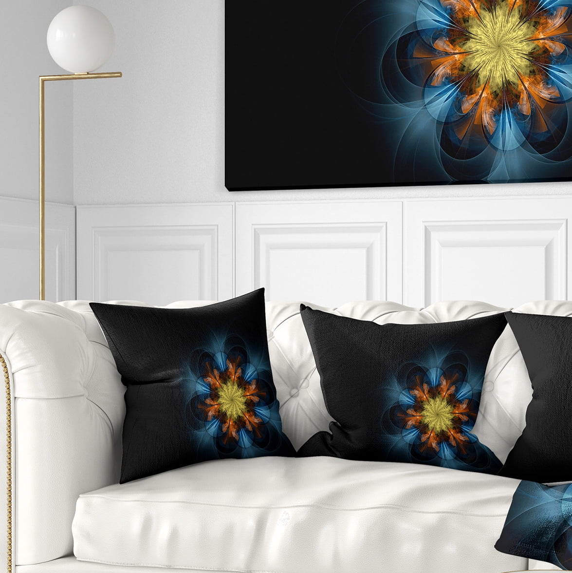Designart Symmetrical Blue Orange Fractal Flower - Abstract Throw Pillow - 18x18