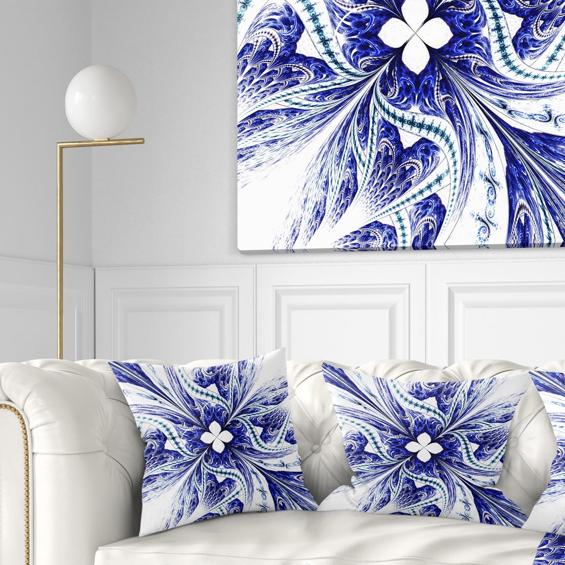Designart Symmetrical Blue White Fractal Flower - Floral Throw Pillow - 18x18