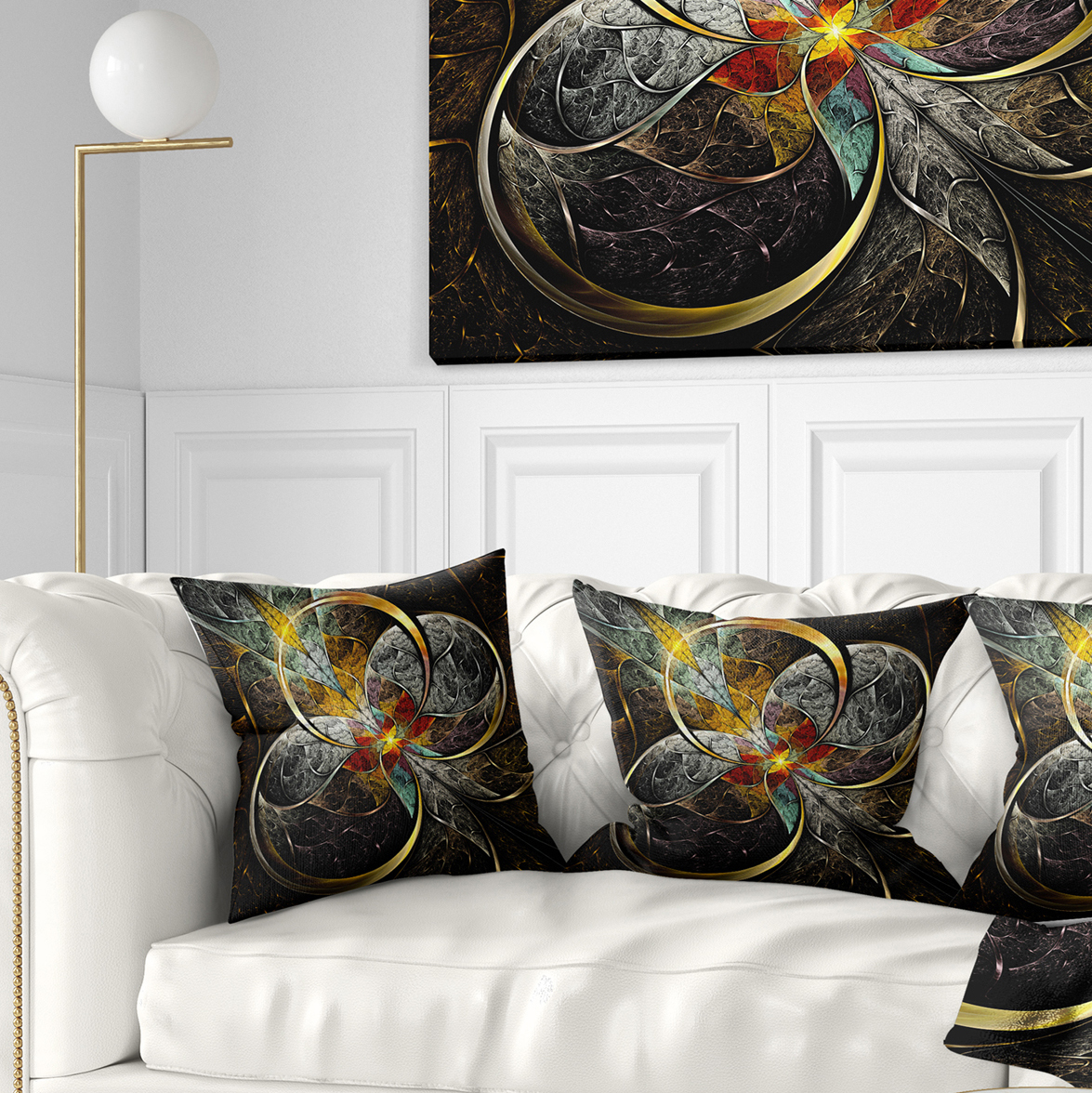 Designart Symmetrical Brown Fractal Flowers - Abstract Throw Pillow - 16x16