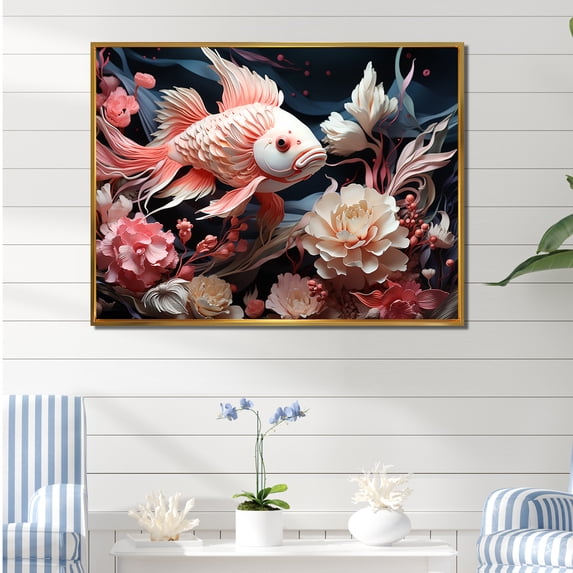 Designart "Symmetrical Collage Of Sharks And Coral I" Coastal Coral Under Water Floater Framed Canvas Wall Art
