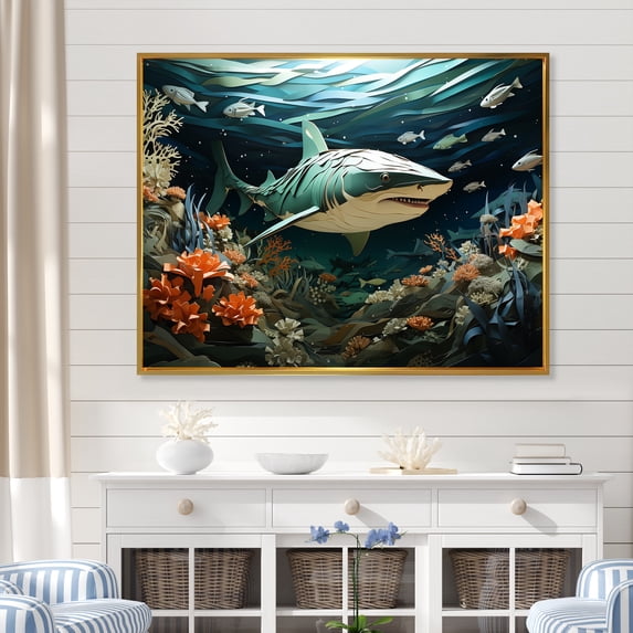 Designart "Symmetrical Collage Of Sharks And Coral II" Coastal Coral Under Water Floater Framed Canvas Prints