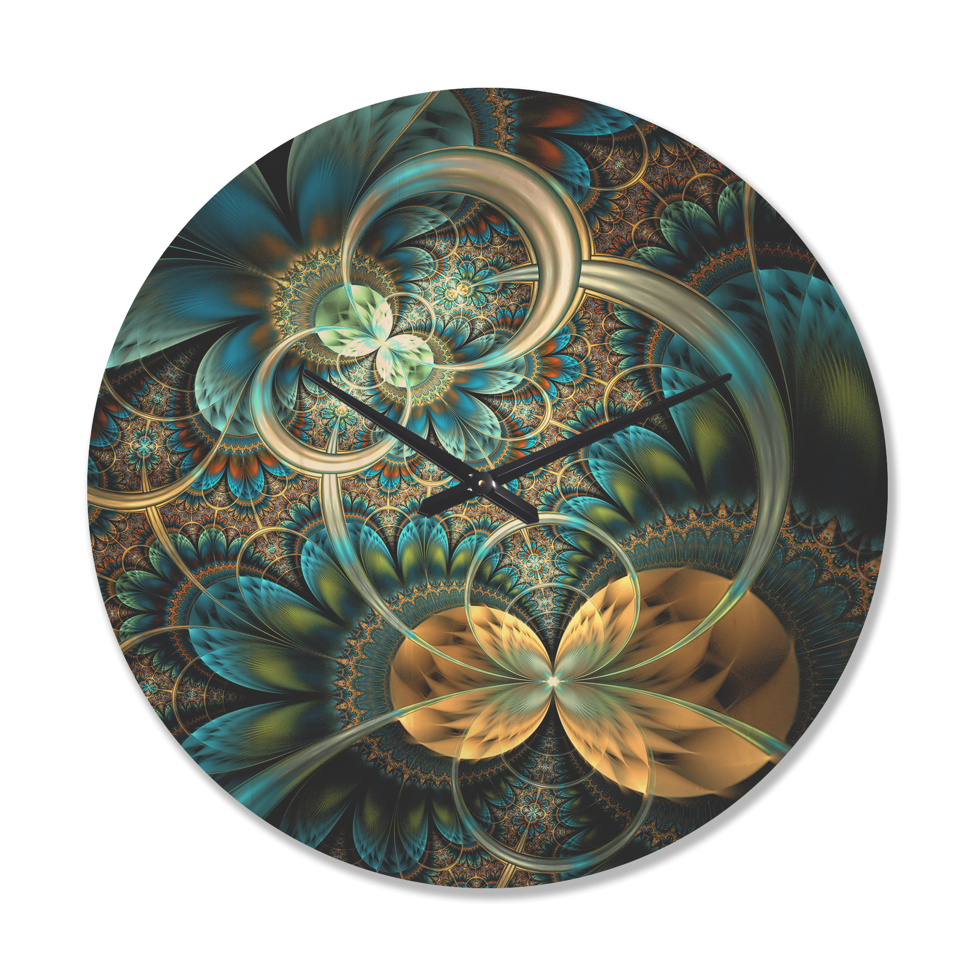 Designart 'Symmetrical Gold Blue Fractal Flower' Modern Wood Wall Clock