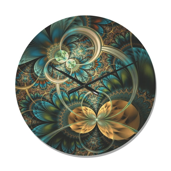Designart 'Symmetrical Gold Blue Fractal Flower' Modern Wood Wall Clock