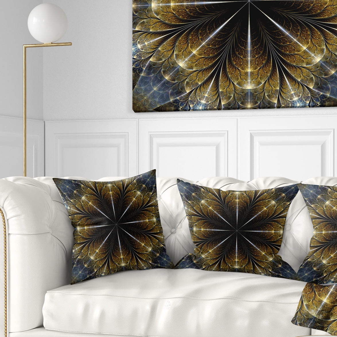 Designart Symmetrical Gold Fractal Flower - Abstract Throw Pillow - 18x18
