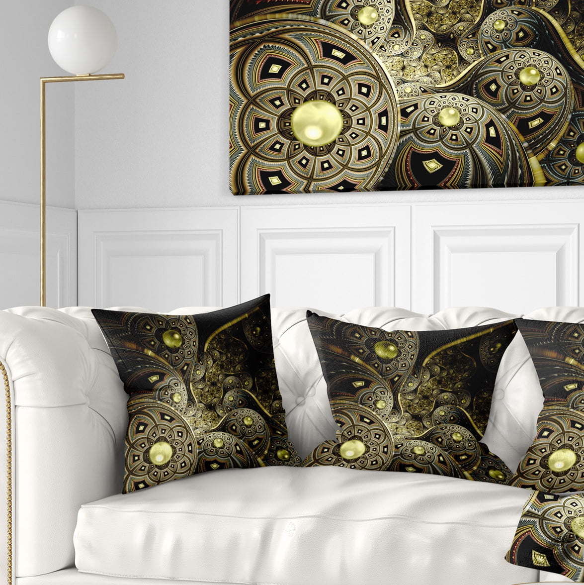 Designart Symmetrical Gold Fractal Flower - Floral Throw Pillow - 16x16