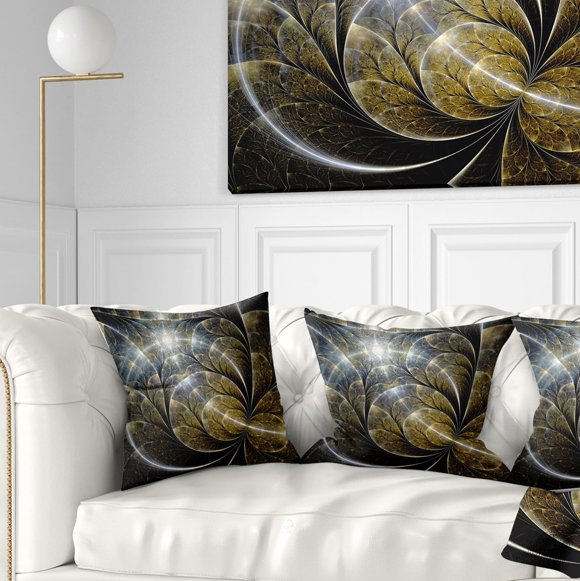 Designart Symmetrical Gold Fractal Flower with Lighting - Floral Throw Pillow - 16x16