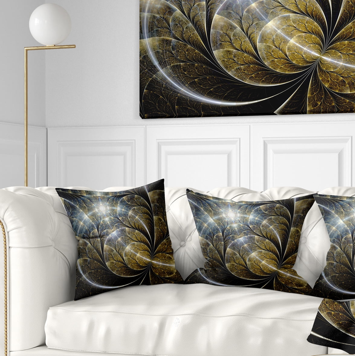 Designart Symmetrical Gold Fractal Flower with Lighting - Floral Throw Pillow - 18x18