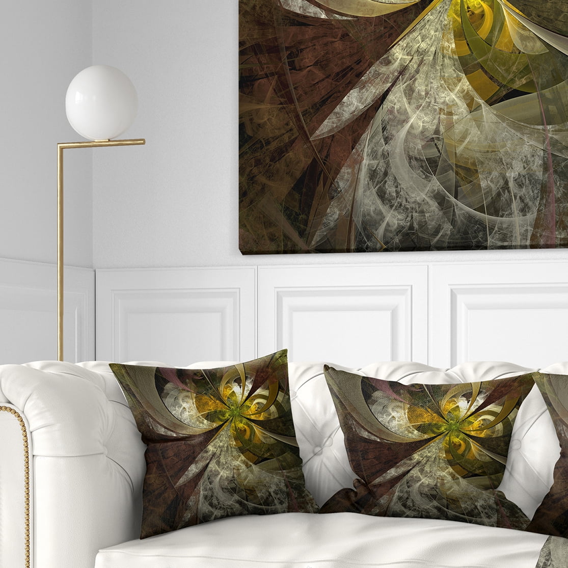 Designart Symmetrical Gold White Fractal Flower - Floral Throw Pillow - 18x18