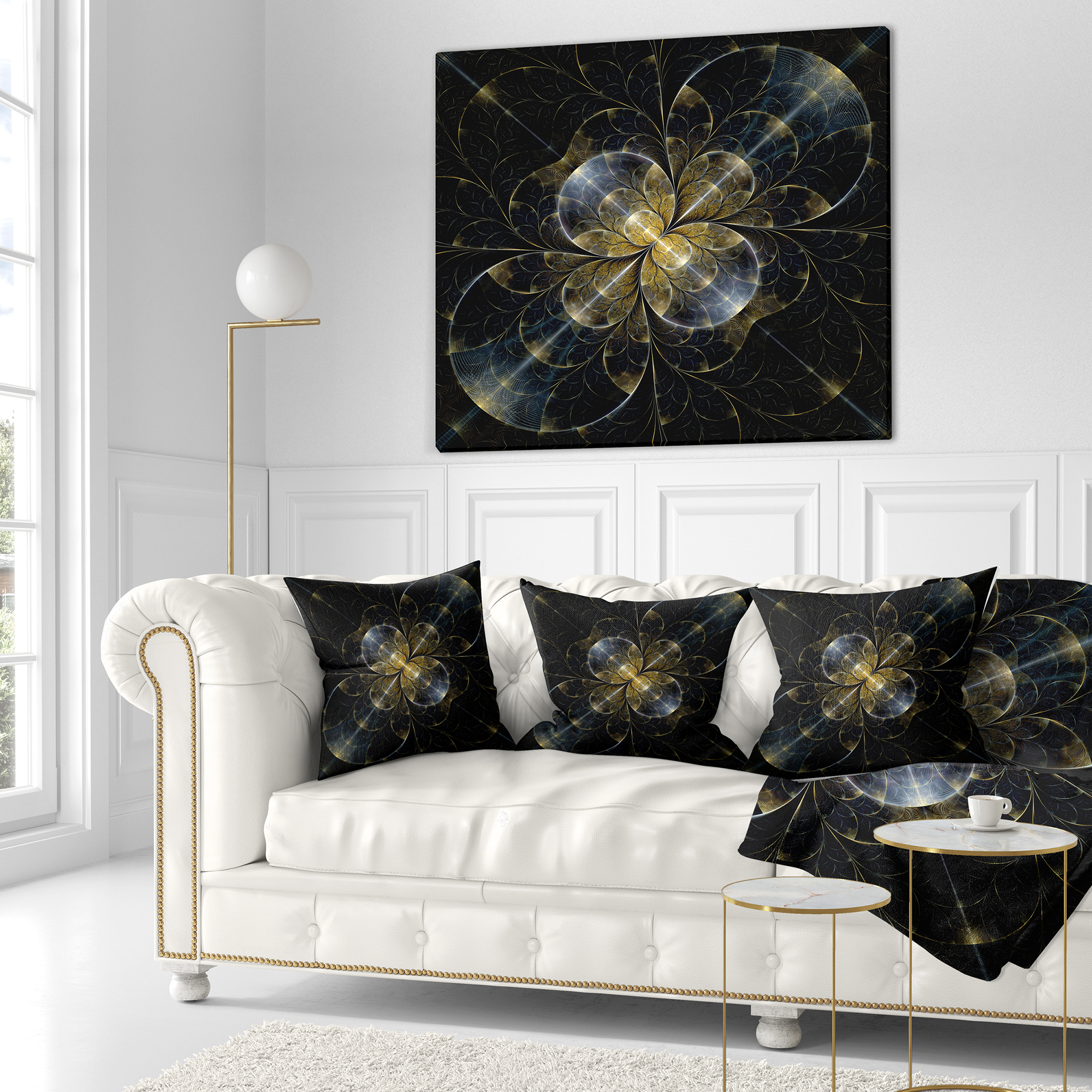 Designart Symmetrical Golden Fractal Flower - Floral Throw Pillow - 16x16