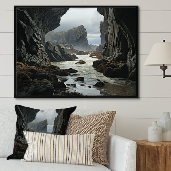 Designart "Symmetrical Grey Landscape Cliffs Beauty I" Landscapes Floater Framed Canvas Art Print