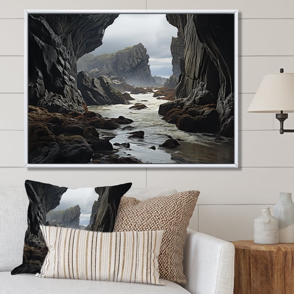 Designart "Symmetrical Grey Landscape Cliffs Beauty I" Landscapes Floater Framed Canvas Art Print