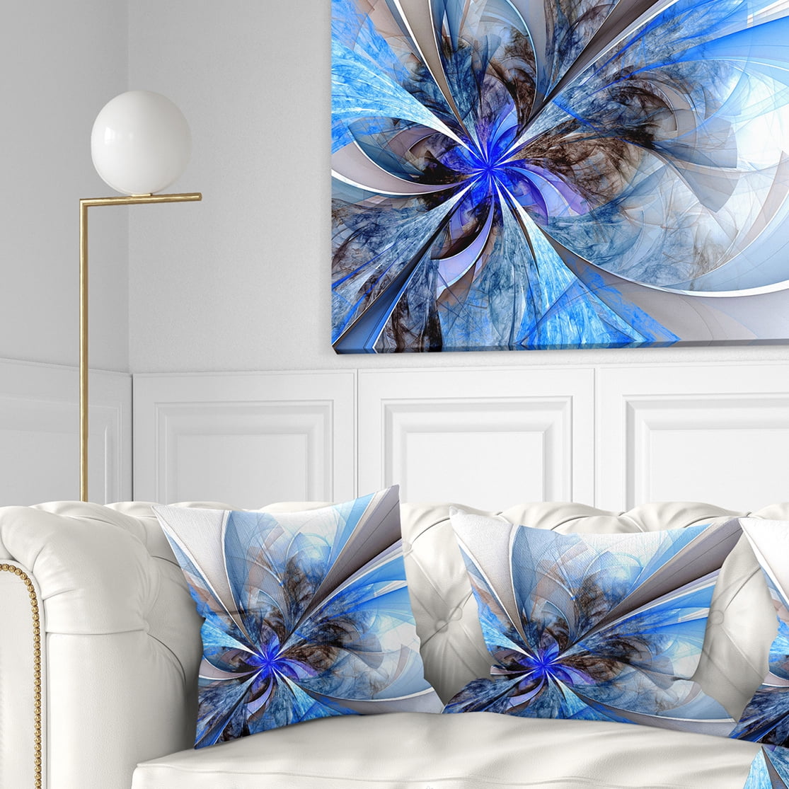 Designart Symmetrical Large Blue Fractal Flower - Floral Throw Pillow - 18x18