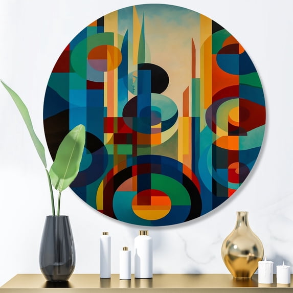 Designart "Symmetrical Motion in Blue and Green" Modern Geometric Metal Round Wall Decor