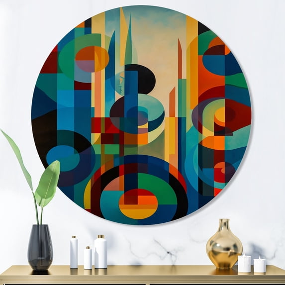 Designart "Symmetrical Motion in Blue and Green" Modern Geometric Metal Round Wall Decor