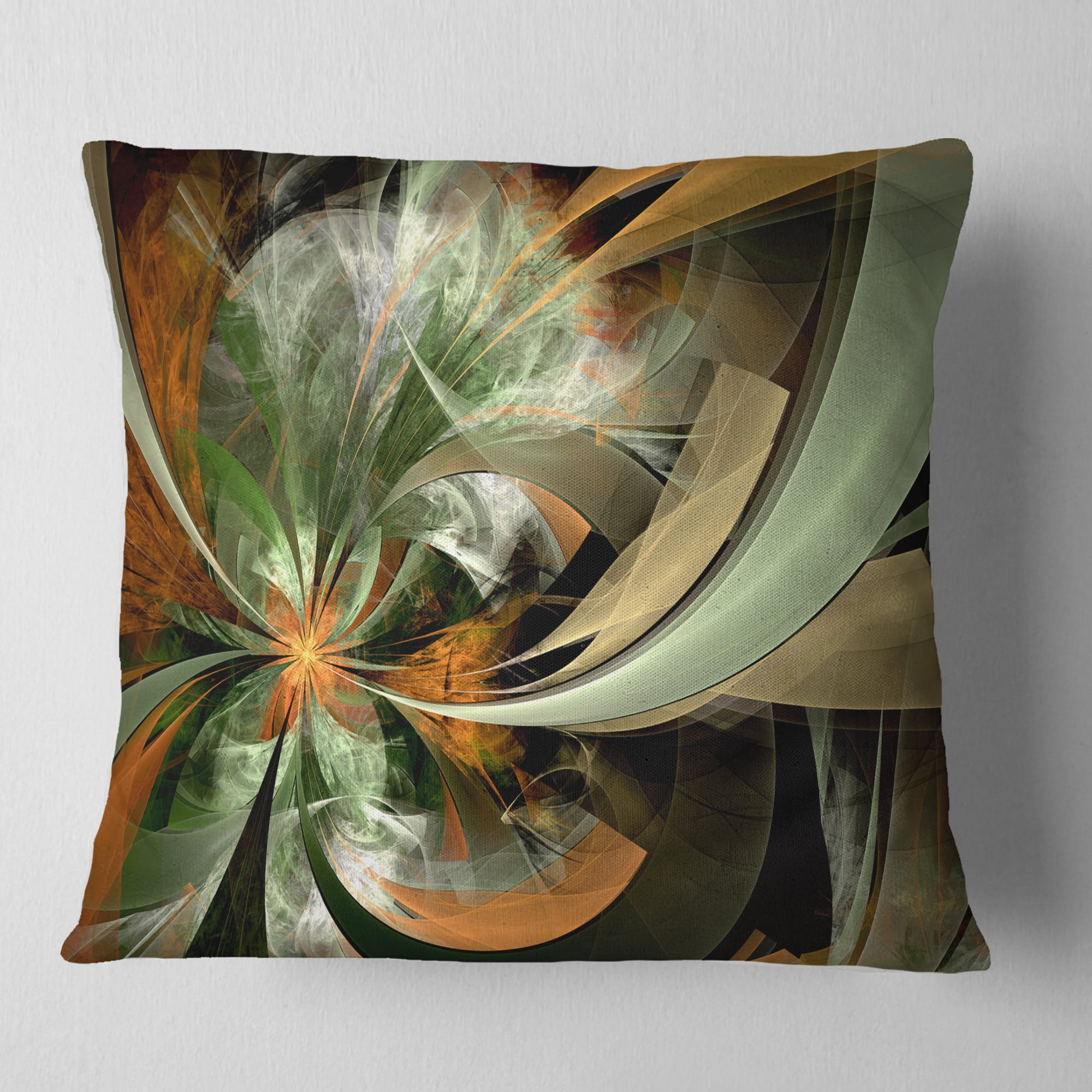 Designart Symmetrical Orange Green Fractal Flower - Floral Throw Pillow - 16x16