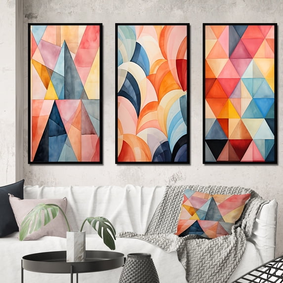 Designart "Symmetrical Pastels in the World of Hard-Edge V" Abstract Framed Wall Art Set Of 3 - Multi-Color Hard Edge Painting Frame Canvas Set For Living Room Decor