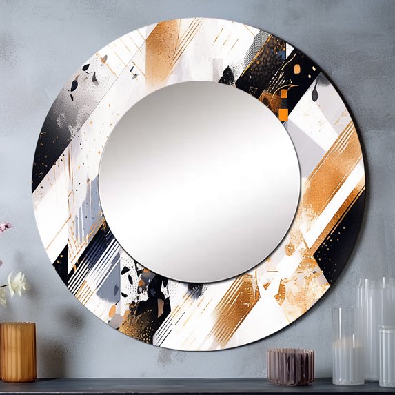 Designart "Symmetrical Stripes Gold Black Intrigue I" Cubism Rund Mirror For Wall Decor - Large Gold Round Printed Mirror -Modern Round Living Room Mirror - 29" x 29"