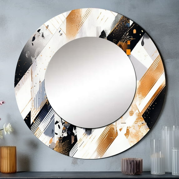 Designart "Symmetrical Stripes Gold Black Intrigue I" Cubism Rund Mirror For Wall Decor - Large Gold Round Printed Mirror -Modern Round Living Room Mirror - 36" x 36"