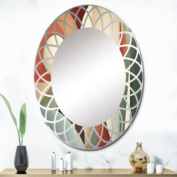 Designart "Symmetrical Visions Orange Green Harmony" Abstract Shapes Round Wall Mirror - Modern Oval Printed Decorative Oversized Mirror - Multiple Color Options