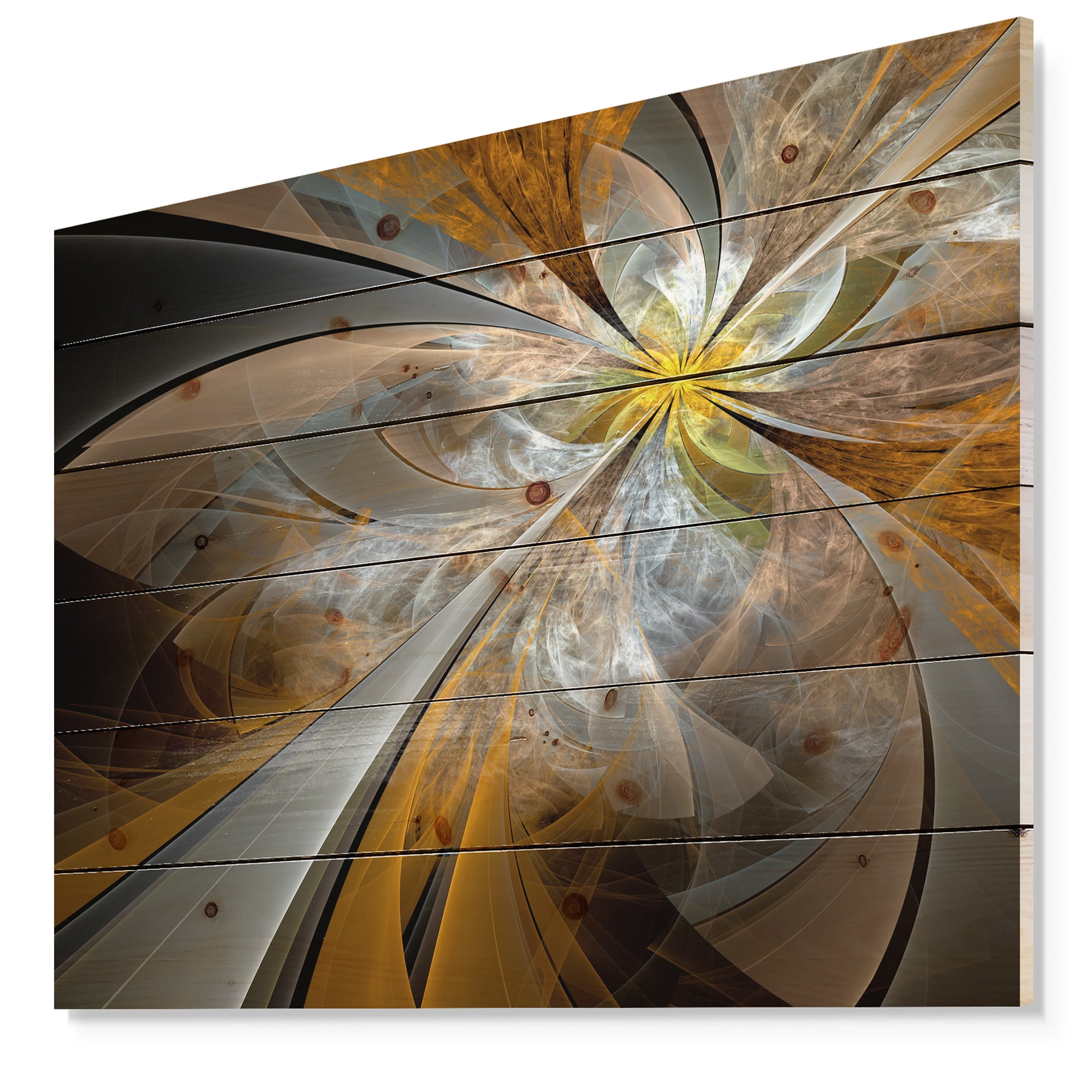 Designart Symmetrical Yellow Fractal Flower Floral Print on Natural Pine Wood Art Print, 40" x 30"