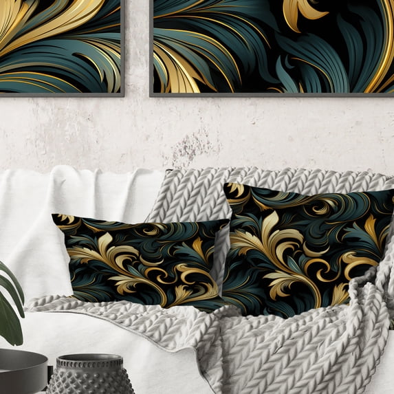 Designart "Symphonic Gold And Blue Damask Opulence IV" Damask Printed Throw Pillow