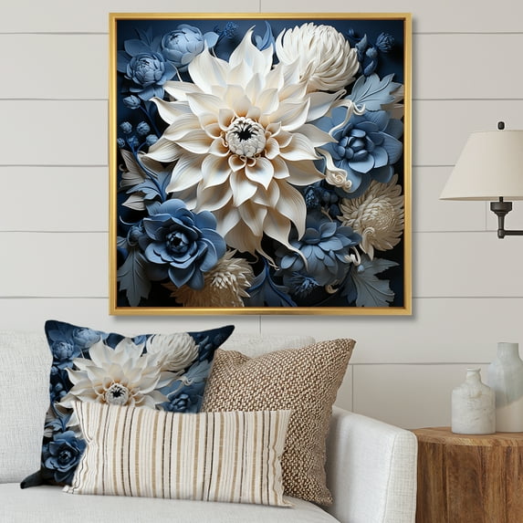 Designart "Symphonic Harmony Of White And Blue Dahlias III" Dahlia Floater Framed Wall Art Living Room