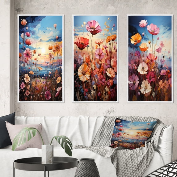 Designart "Symphonic Purple Wildflowers II" Floral Framed Wall Art Set Of 3 - Multi-Color Wildflowers Frame Canvas Set For Living Room Decor