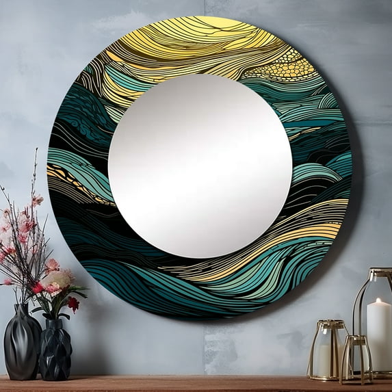 Designart "Symphony of Green Lines I" Minimalism Line Art Green Large Round Mirror - Round Bedroom Mirror Wall Decor - Modern Round Printed Mirror - 36" x 36"