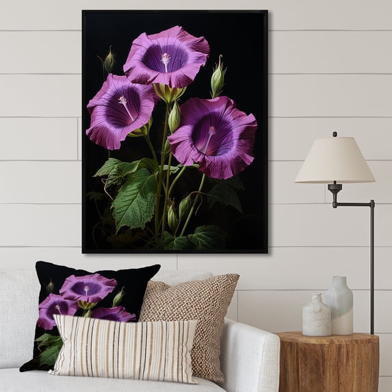 Designart "Symphony of Morning Glory Garden in Blue and White II" Floral Framed Wall Art - Traditional Purple Morning Glory Bedroom Framed Canvas Wall Art