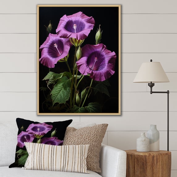 Designart "Symphony of Morning Glory Garden in Blue and White II" Floral Framed Wall Art - Traditional Purple Morning Glory Bedroom Framed Canvas Wall Art