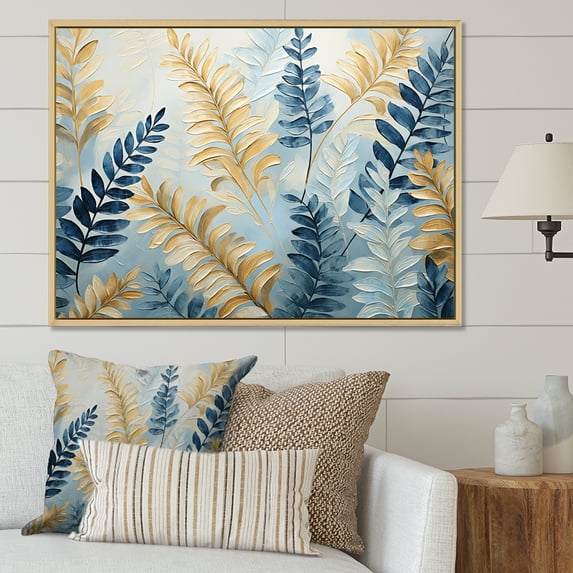 Designart "Symphony Of Breezy Blue And Golden Ferns II" Ferns Floater Framed Wall Art Prints