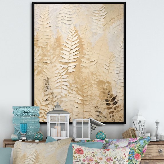 Designart "Symphony Of Golden Fronds V" Ferns Floater Framed Wall Decor