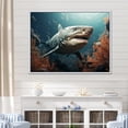 thumbnail image 1 of Designart "Symphony Of Sharks In The Deep Sea" Coastal Coral Under Water Floater Framed Wall Decor, 1 of 5