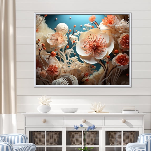 Designart "Symphony Of Underwater Florals" Coastal Coral Under Water Floater Framed Wall Art Living Room
