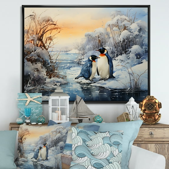 Designart "Symphony Of Winter Penguins" Penguin Floater Framed Wall Art Living Room
