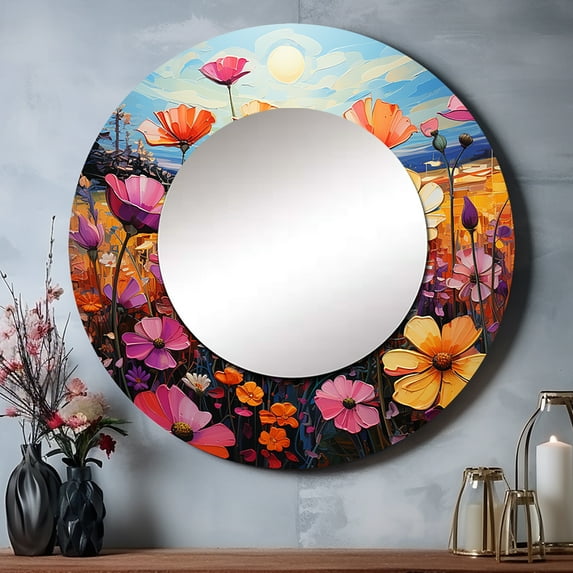 Designart "Symphony of Purple and Yellow Wildflowers" Floral Rund Mirror For Wall Decor - Large Multi-Color Round Print Mirror - Round Traditional Mirror 29" x 29" Inch