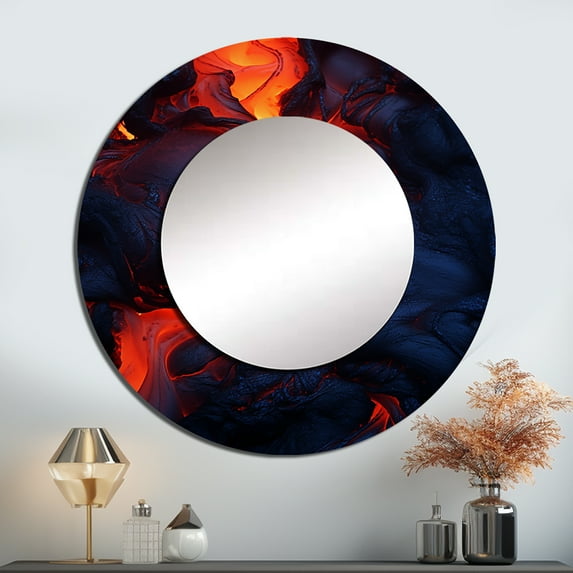 Designart "Symphony of Volcanic Forces II" Volcano Rund Mirror For Wall Decor - Large Red Round Print Mirror - Round Traditional Mirror - Wall Mounted Round Large Mirror - 36" x 36"