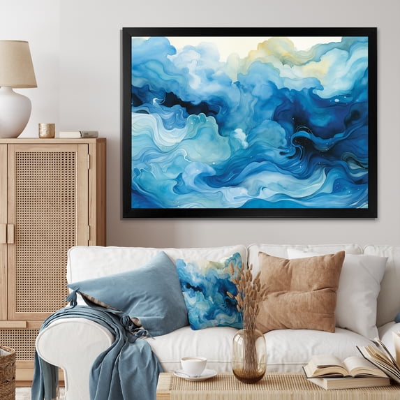 Designart "Symphony of Blue Tidal Ripples" Abstract Framed Wall Art Decor - Modern Blue Abstract Collages Hallway Framed Wall Art Decor