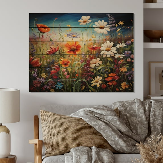 Designart "Symphony of Colorful Wildflowers III" Floral Print on Natural Pine Wood