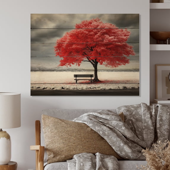 Designart "Symphony of Red Trees in Winter I" Floral Print on Natural Pine Wood