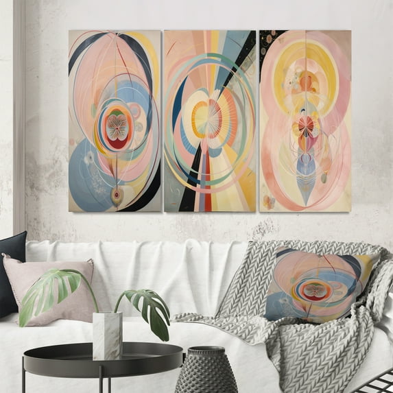 Designart "Synchronicity Pink Vintage Spiritual Retro Art IV" Abstract Painting Wall Art Set Of 3 - Modern Pink Gallery Set For Office Decor