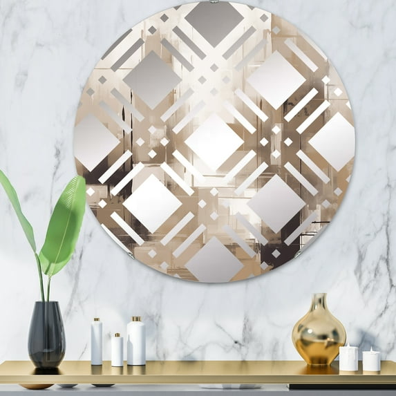 Designart "Synergy in Beige Cubism" Abstract Plaid Round Wall Mirror - Abstract Oval Printed Decorative Mirror - Multiple Color Options