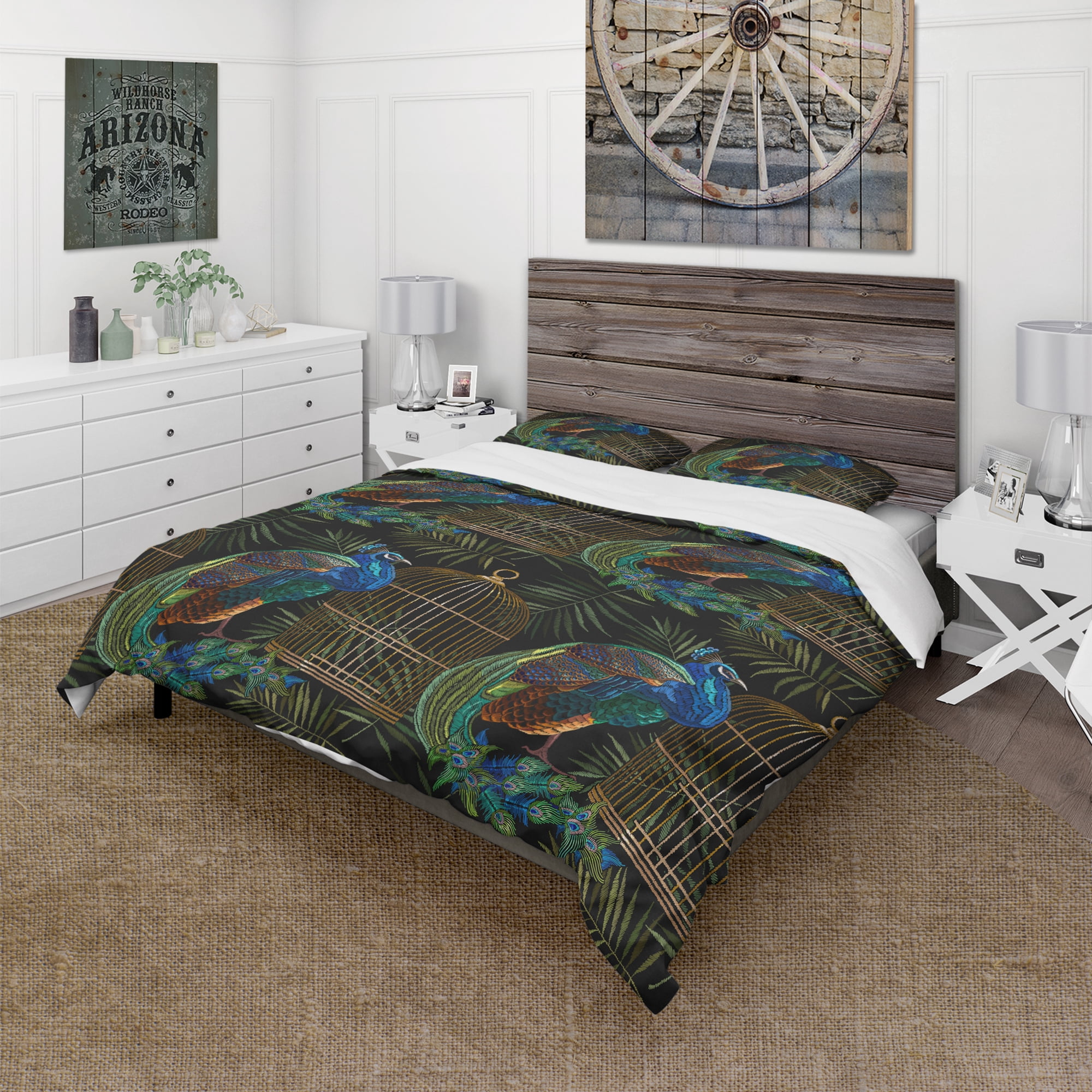 Designart 'Tails of Peacocks and Birds Cage' Farmhouse Duvet Cover Set